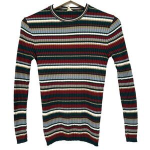 S/M Vtg 70s Multi Striped Ribbed Bohemian Academia Boho Hippie Thin Sweater